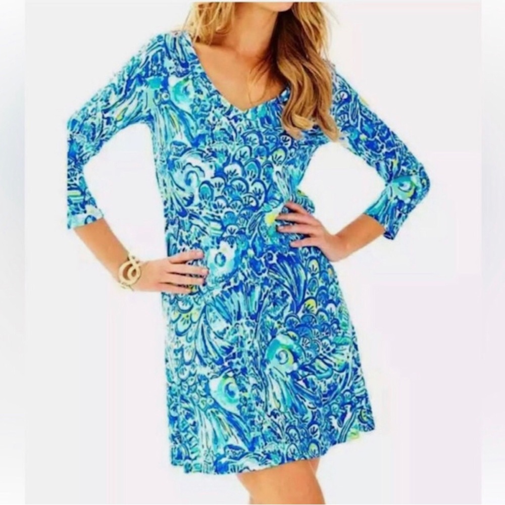Lilly Pulitzer Peacock Print V-Neck Erin Dress. Size Medium
